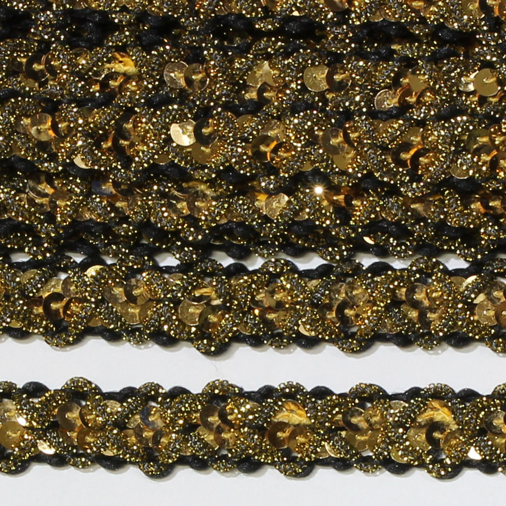 Passamaneria Bordo Nero c/Pailletes e Perline ad incrocio 12mm 11mt Oro